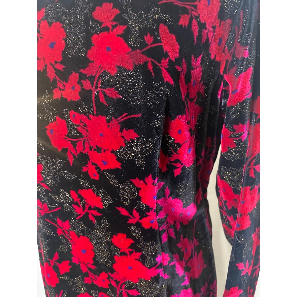 Vintage 60s 70s Black Fuschia Floral Velvet Sparkles Cheongsam Maxi Dress M/L - Picture 4 of 8